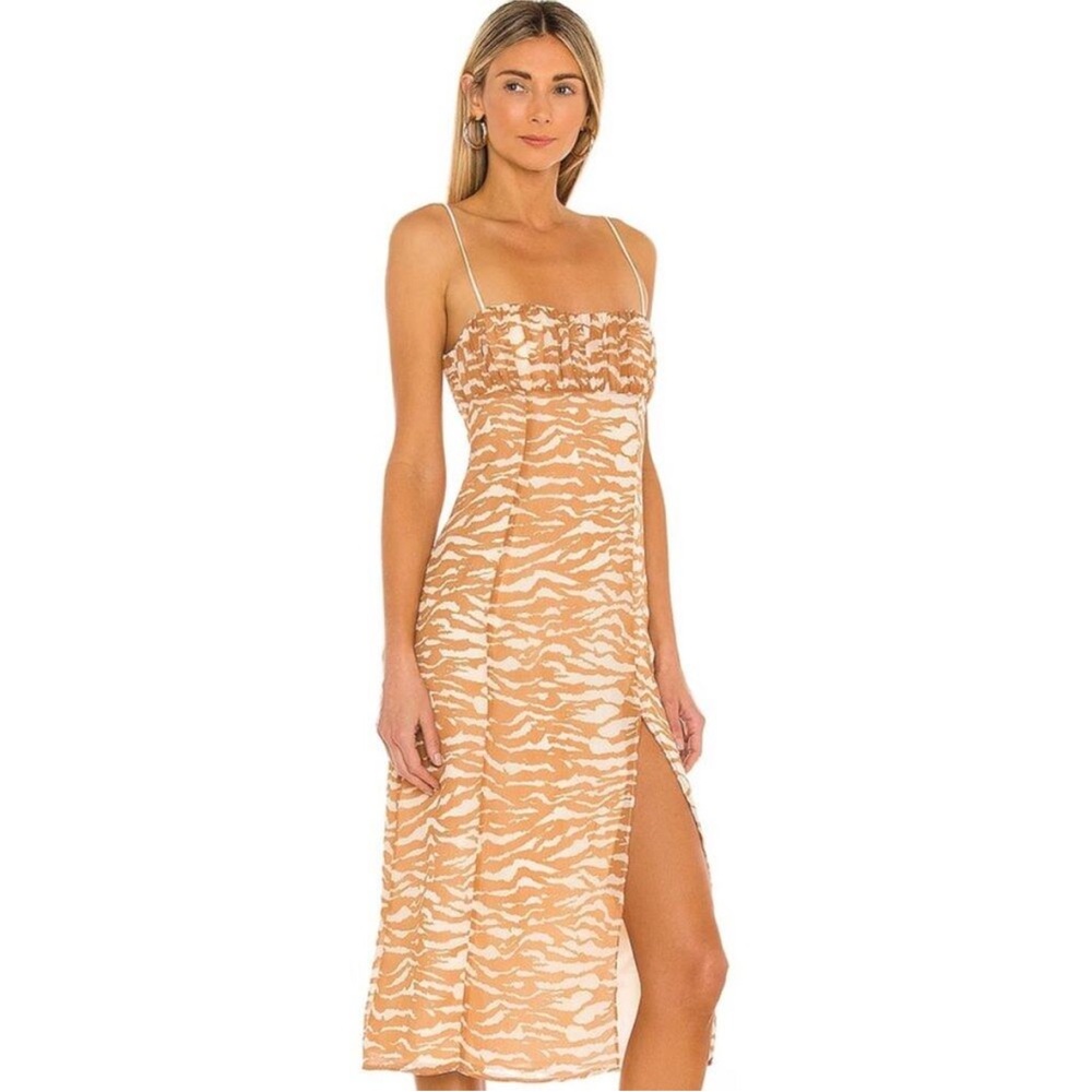 Camila Coelho Bailee Zebra Midi Square Cream and Tan Patterned Dress